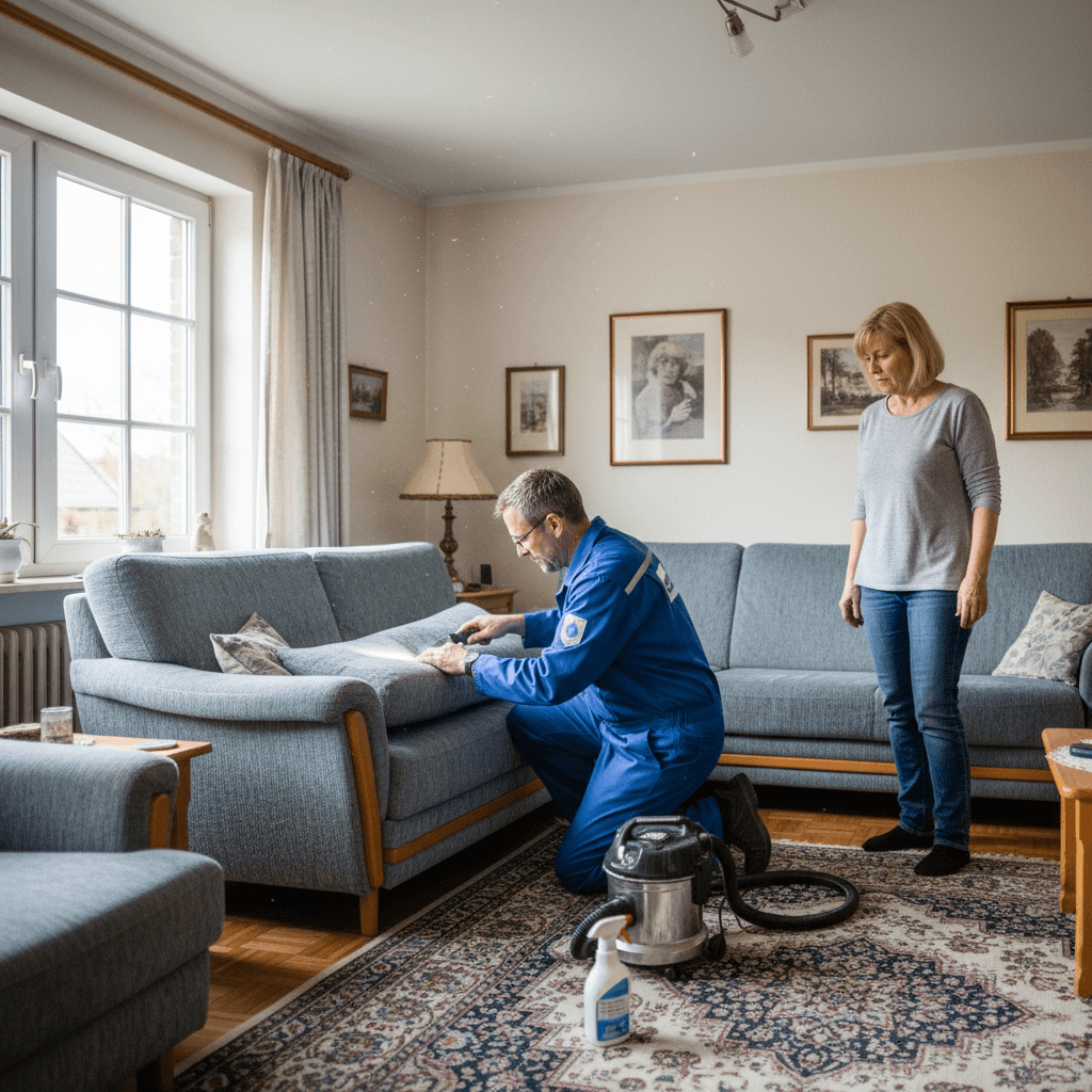 Schädlingsbekämpfer bei der Arbeit in einem Wohnzimmer